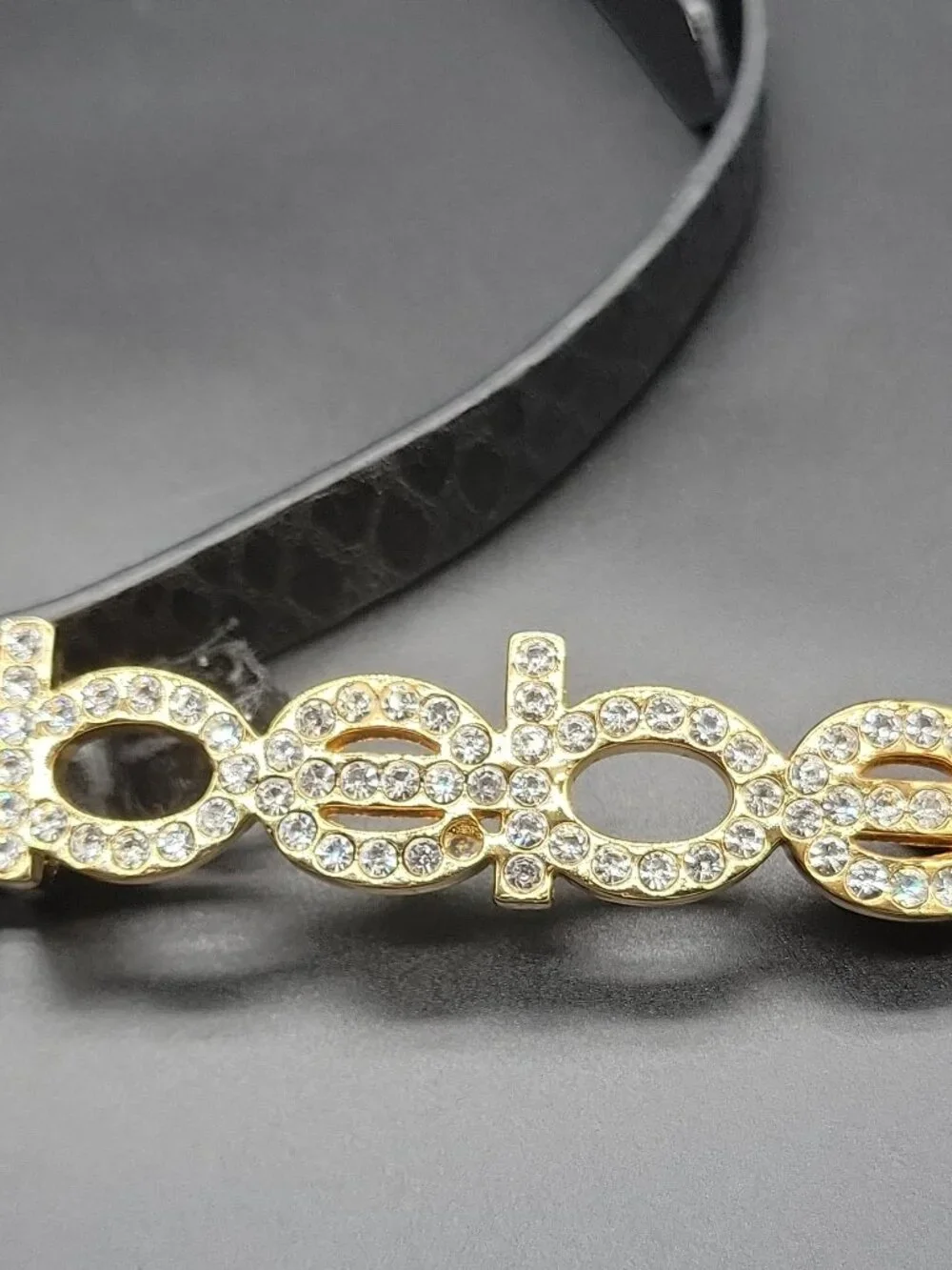 bebe Women's Fashion Belt P/S Black Skinny Animal Print Logo Rhinestone  36